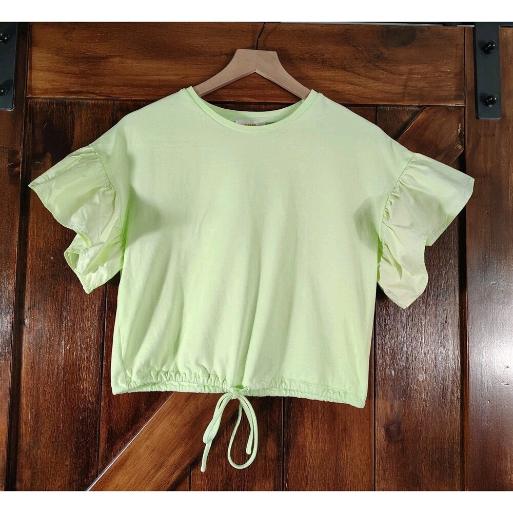 Maeve Anthropologie Flutter Sleeve Crop Top Size S Bright Green Drawstring - Picture 3 of 9